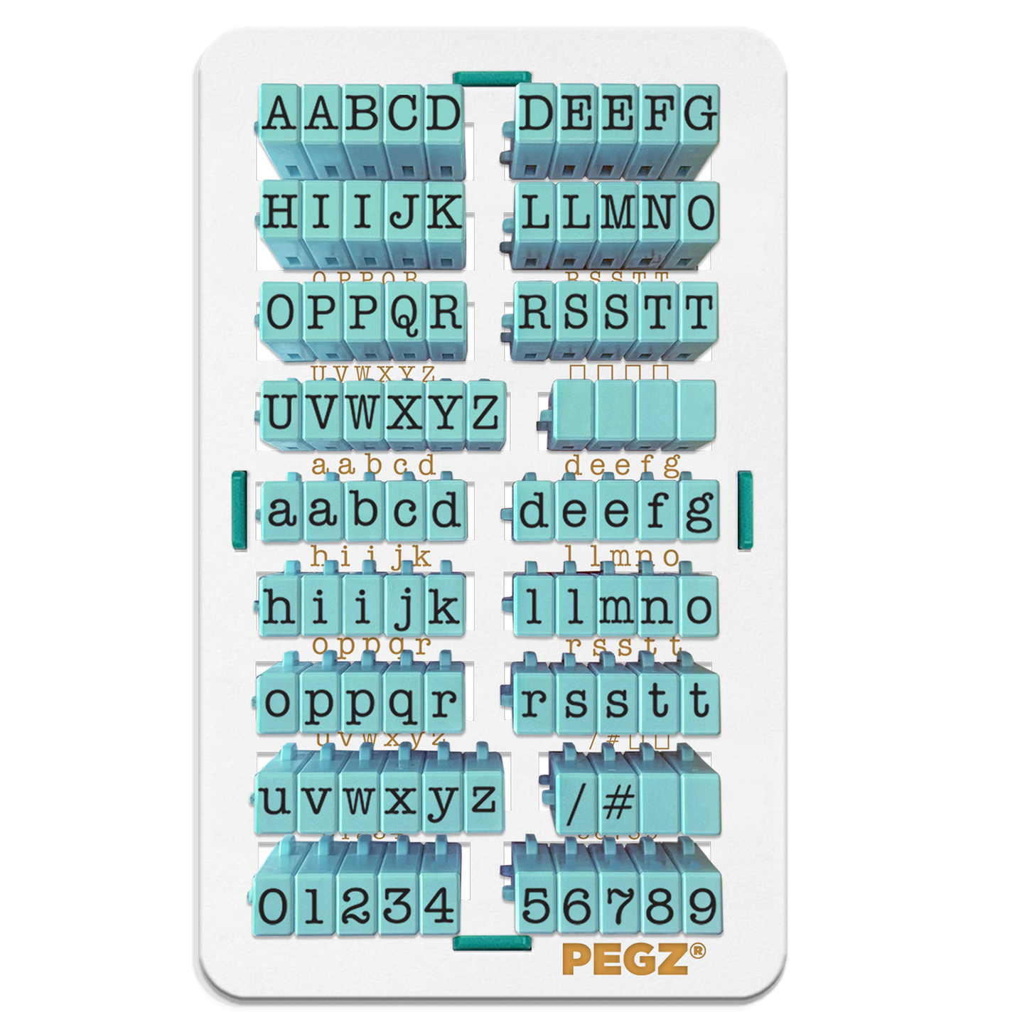 PEGZ Alphabet Stamps Clickable - Connectable American Typewriter Font Uppercase, Lowercase & Numbers 90 pc Medium Size with Organizer