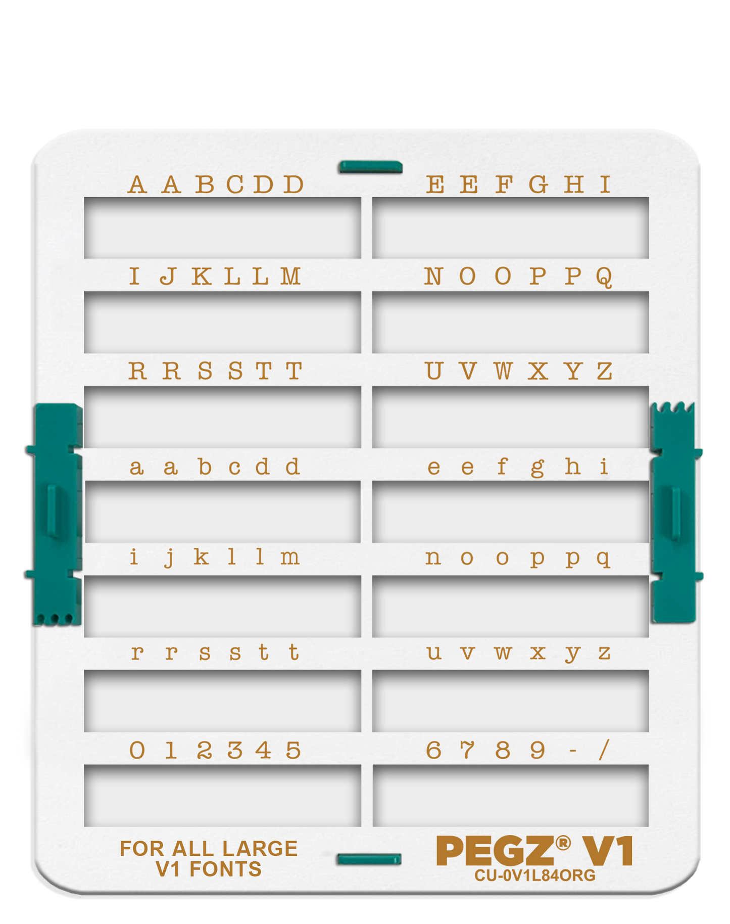 PEGZ V1 Organizer for 84 Piece for ALL Large Fonts: (PEGZ V1 Stamps not included). Slots hold 36 Uppercase, 36 Lowercase, 12 Numbers & Symbols