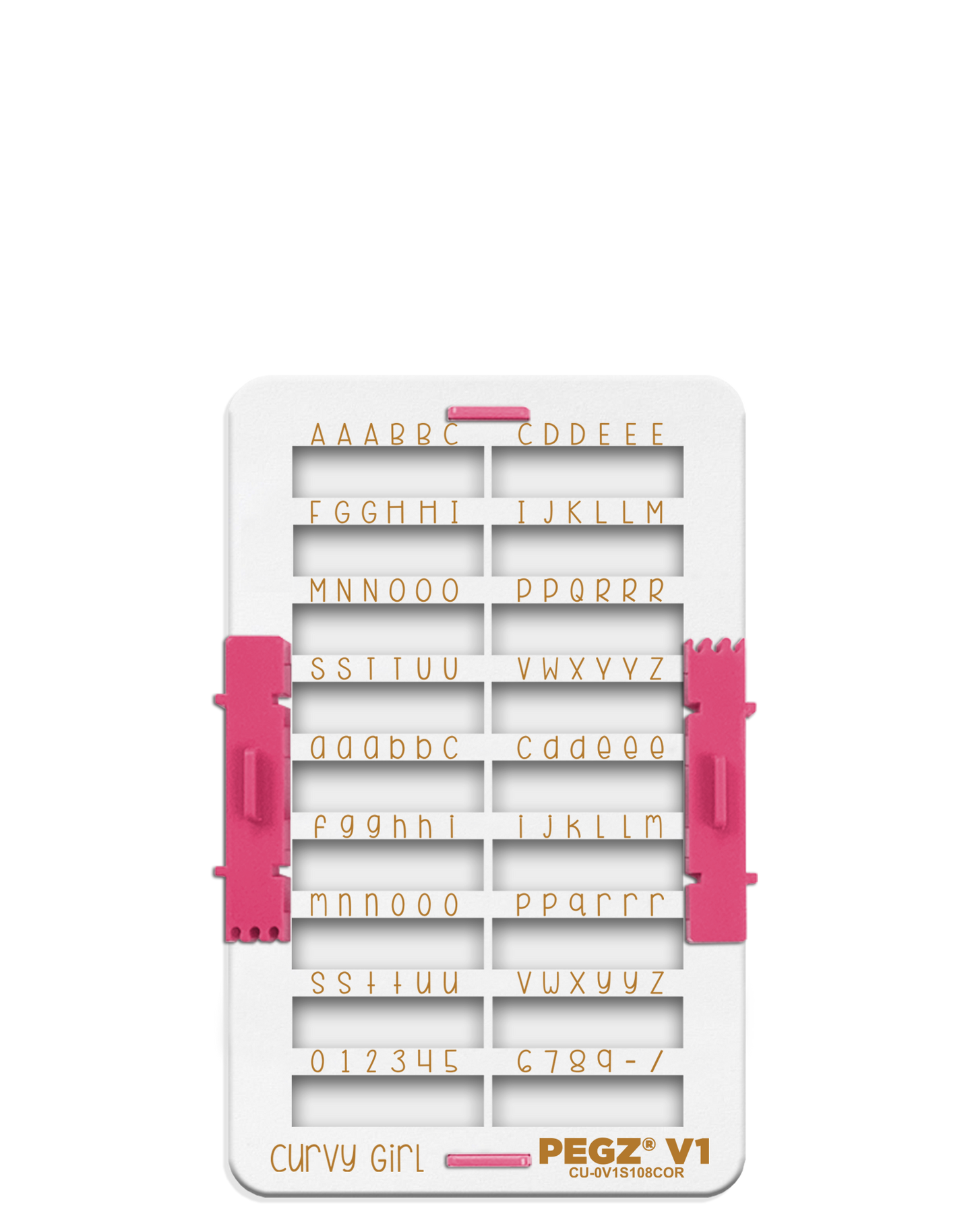 PEGZ V1 Organizer for 108 Piece Curvy Girl Small Font: (PEGZ V1 Stamps not included). Slots hold 48 Uppercase, 48 Lowercase, 12 Numbers & Symbols.