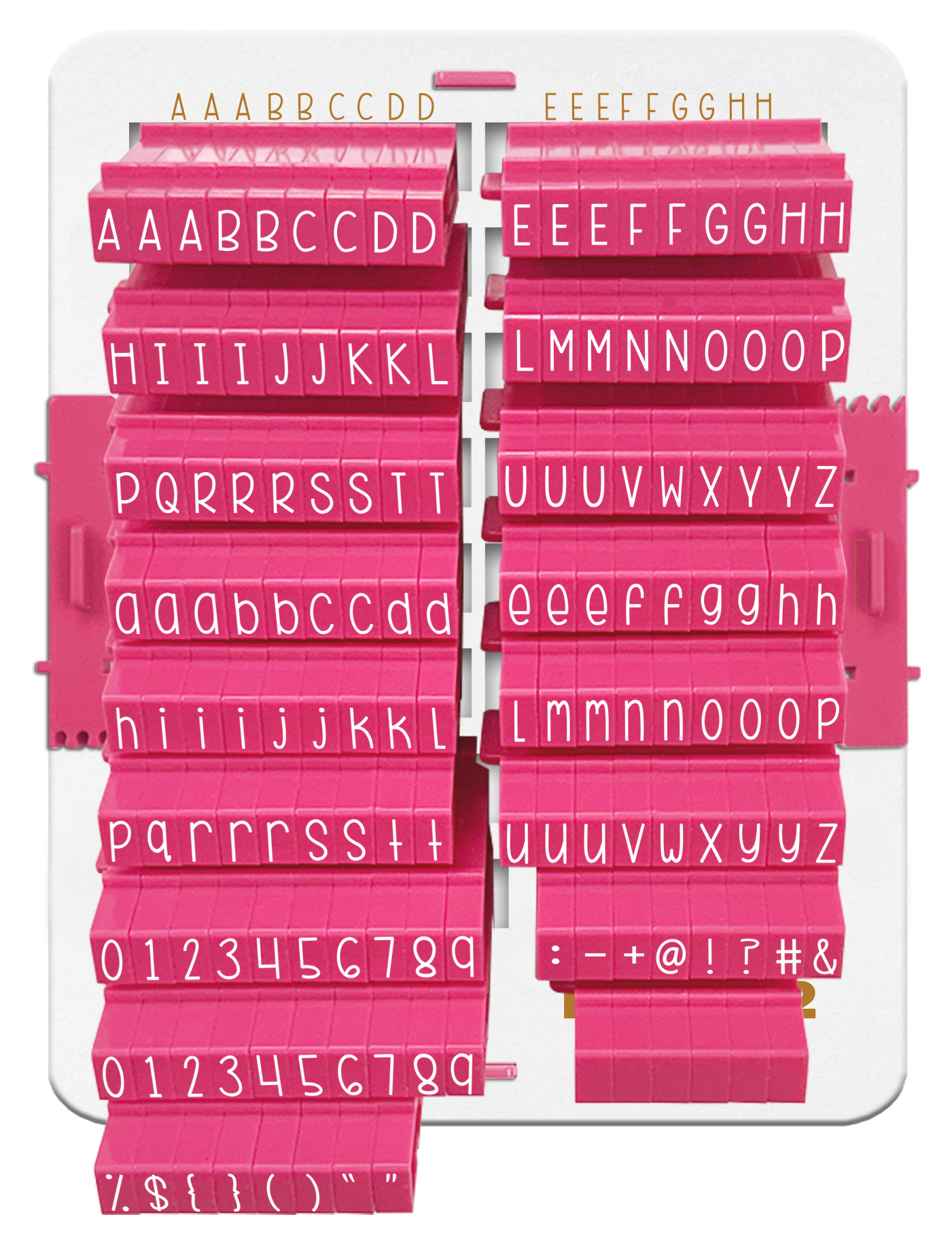 PEGZ 2.0 Organizer for 150 Piece Curvy Girl Font: (PEGZ 2.0 Stamps not included). Slots hold 54 Uppercase, 54 Lowercase, 36 Numbers & Symbols & 6 Blanks