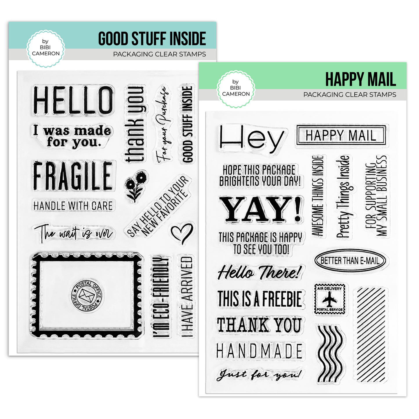 Packaging Stamps by Bibi Cameron (Happy Mail & Good Stuff Inside Clear Stamps Bundle)