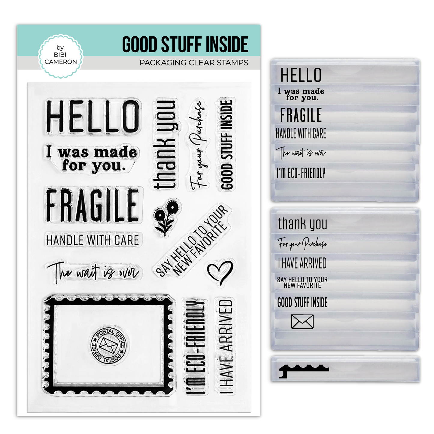 Packaging Stamps by Bibi Cameron (Good Stuff Inside Clear Stamps with Stackable Blocks)