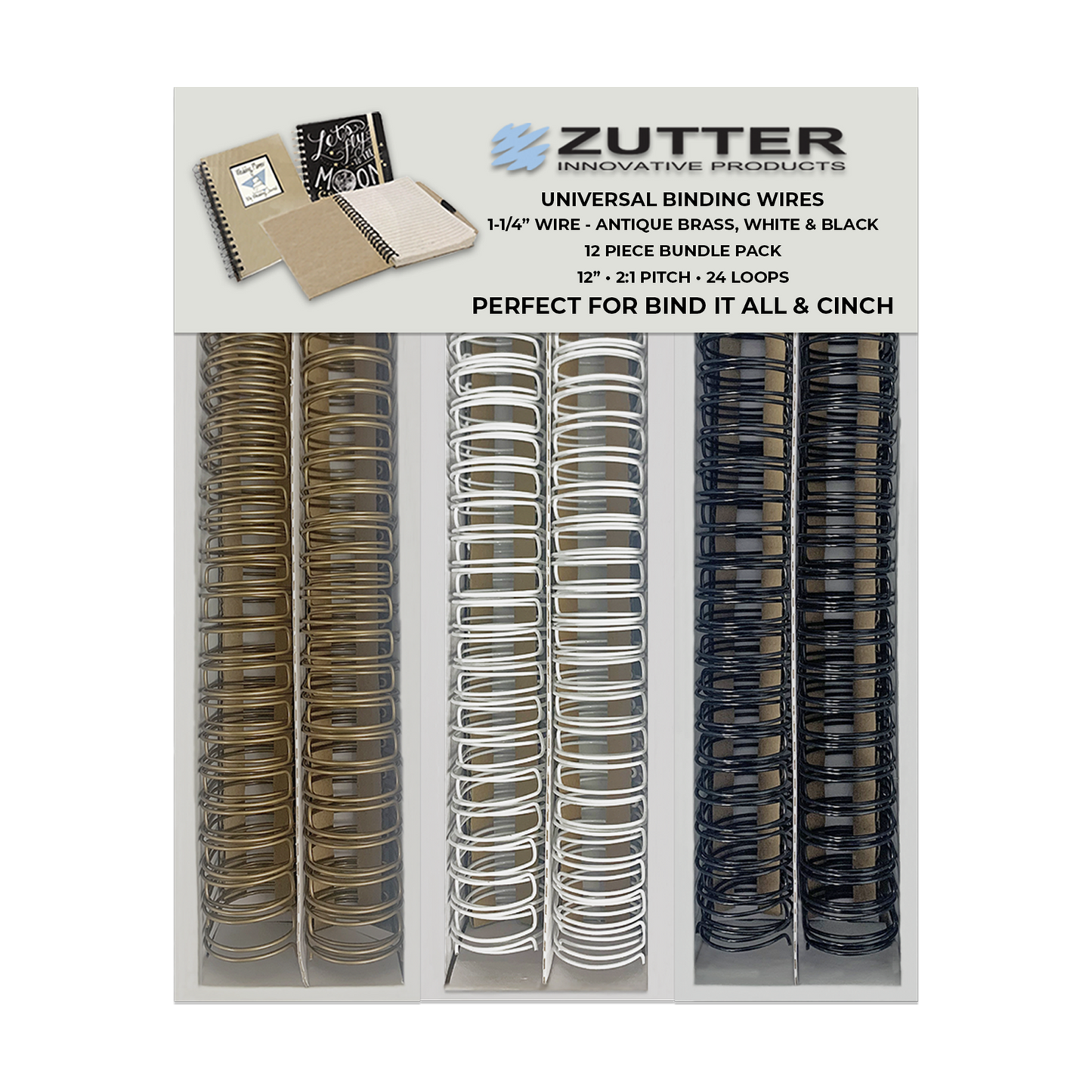 Zutter Variety Pack Owire 12" inch length with 24 loops, Includes 6 Antique Brass, 6 White and 6 Black (5 sizes available)
