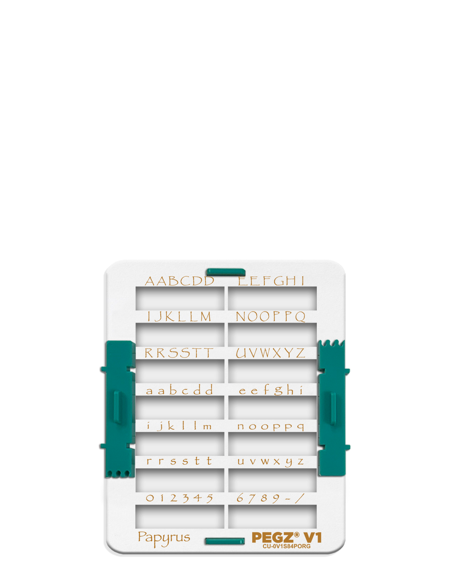 PEGZ V1 Organizer for 84 Piece Papyrus Small Font: (PEGZ V1 Stamps not included). Slots hold 36 Uppercase, 36 Lowercase, 12 Numbers & Symbols.