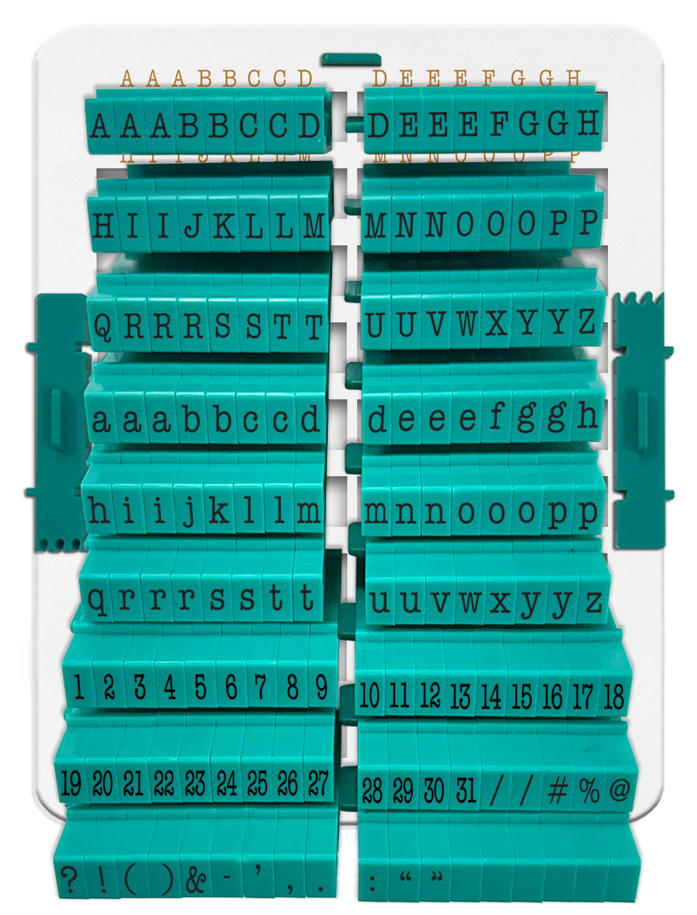 PEGZ 2.0 American Typewriter Font Attachable Stamps 48 Uppercase, 48 Lowercase, 48 Numbers & Symbols 150 piece Medium Size with Organizer