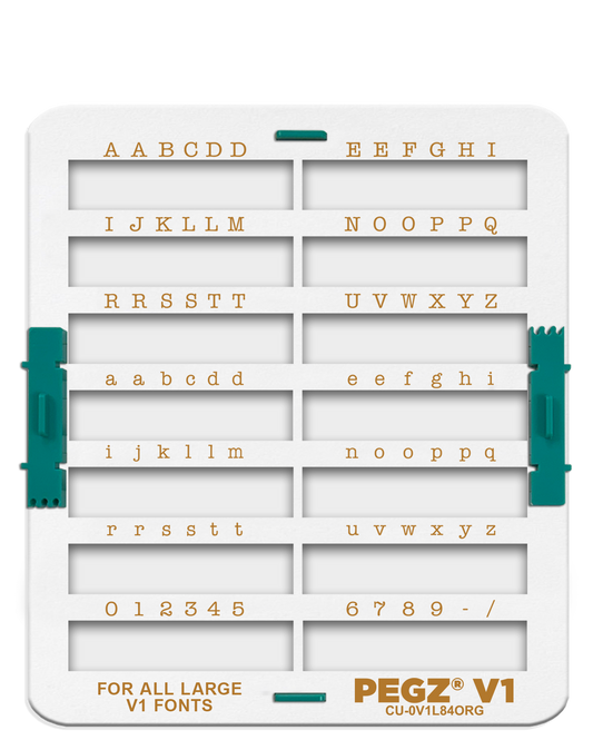 PEGZ V1 Organizer for 84 Piece for ALL Large Fonts: (PEGZ V1 Stamps not included). Slots hold 36 Uppercase, 36 Lowercase, 12 Numbers & Symbols