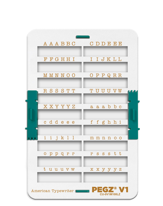 PEGZ V1 Organizer for 108 Piece American Typewriter Medium Font: (PEGZ V1 Stamps not included). Slots hold 54 Uppercase, 54 Lowercase