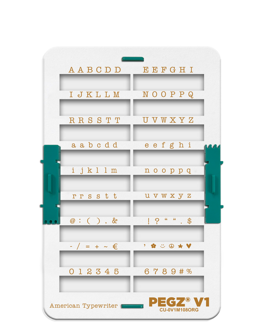 PEGZ V1 Organizer for 108 Piece American Typewriter Medium Font: (PEGZ V1 Stamps not included). Slots hold 36 Uppercase, 36 Lowercase & 36 Numbers & Symbols