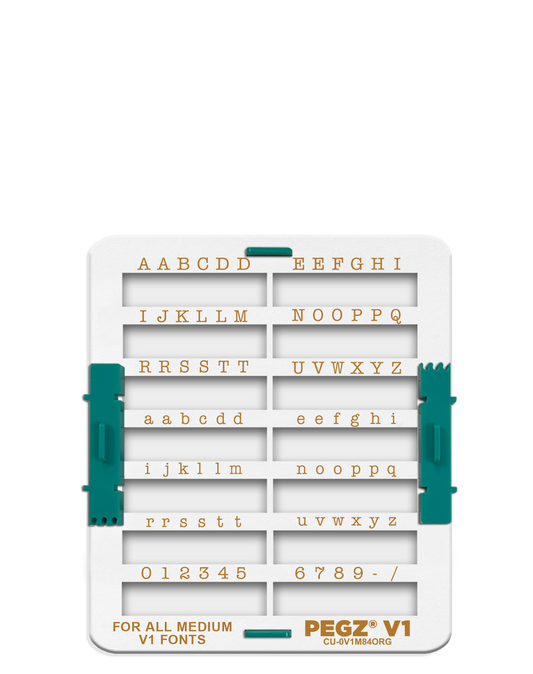 PEGZ V1 Organizer for 84 Piece for ALL Medium Fonts: (PEGZ V1 Stamps not included). Slots hold 36 Uppercase, 36 Lowercase & 12 Numbers & Symbols