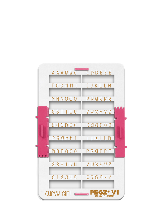 PEGZ V1 Organizer for 108 Piece Curvy Girl Small Font: (PEGZ V1 Stamps not included). Slots hold 48 Uppercase, 48 Lowercase, 12 Numbers & Symbols.