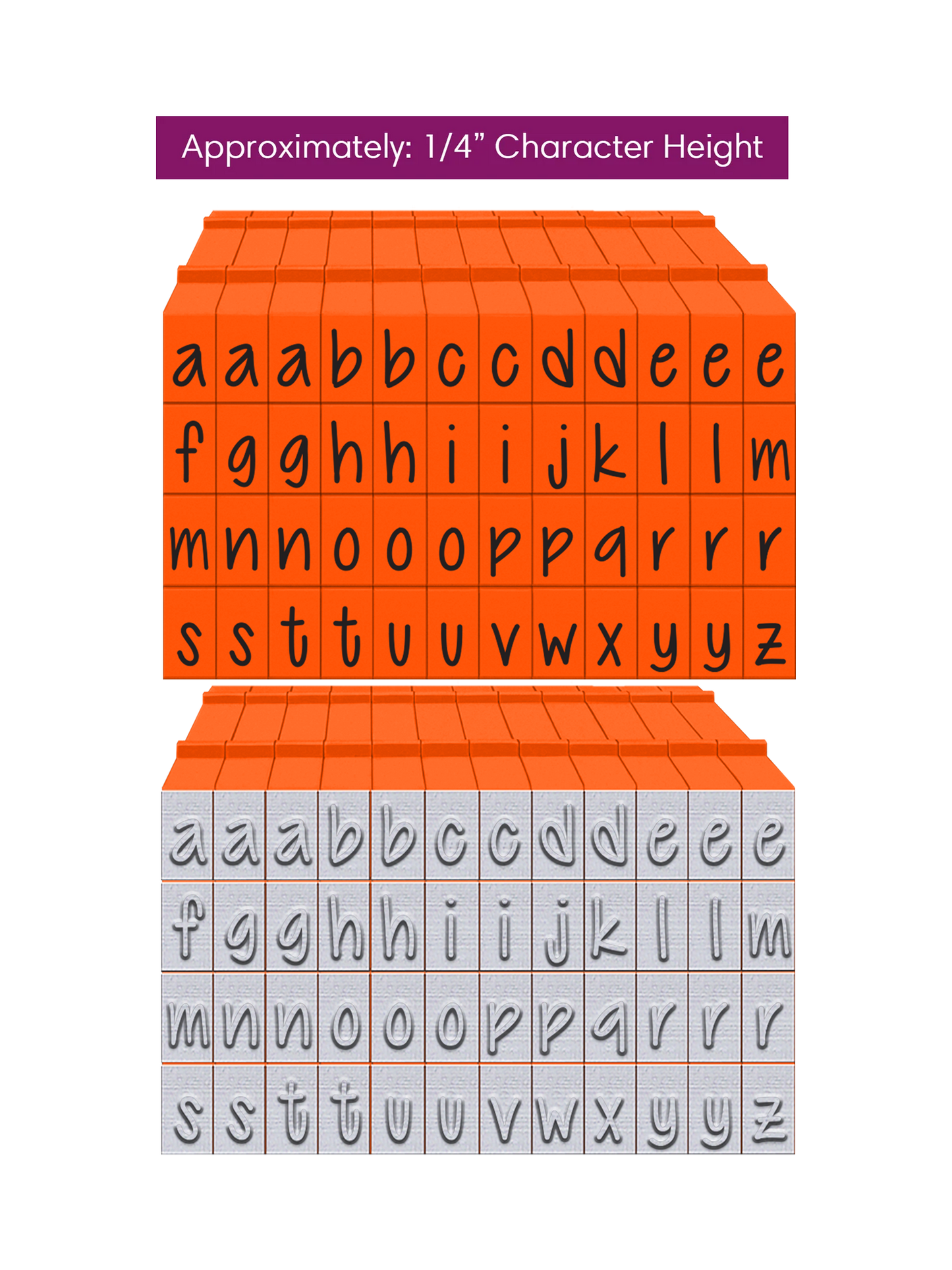 PEGZ 2.0 Alphabet Stamps Clickable Connectable Orange Crush Font 48 Lowercase, 2 Blanks, 50 Pc Medium Size