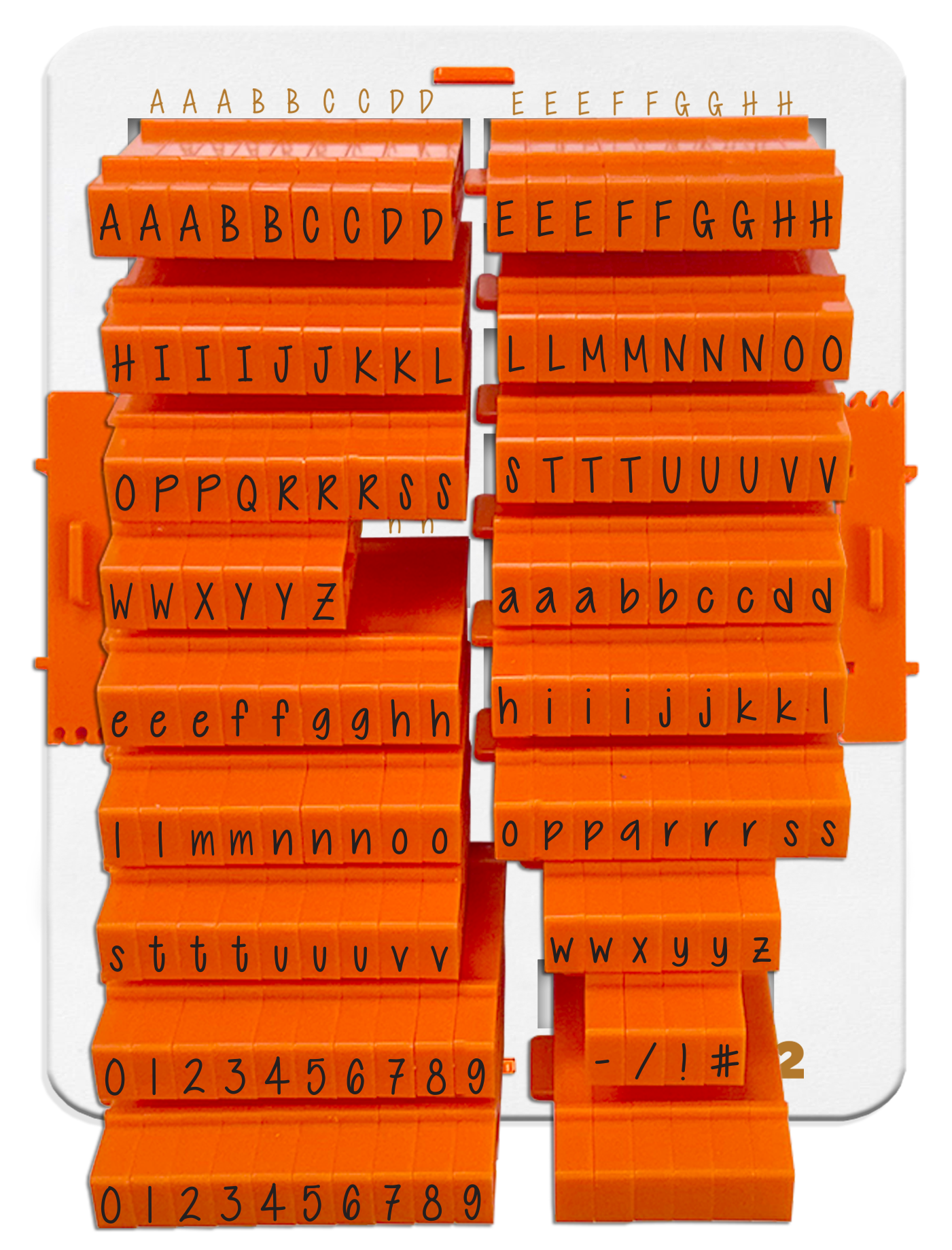 PEGZ 2.0 Alphabet Stamps Clickable Connectable Orange Crush Font 60 Uppercase, 60 Lowercase, 24 Numbers & Symbols, 6 Blanks, 150 Pc Bundle Medium Size with Organizer