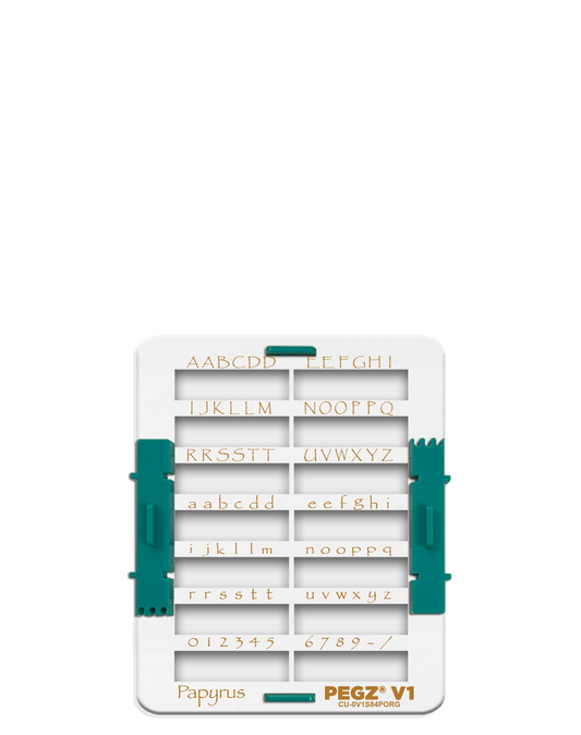 PEGZ V1 Organizer for 84 Piece Papyrus Small Font: (PEGZ V1 Stamps not included). Slots hold 36 Uppercase, 36 Lowercase, 12 Numbers & Symbols.