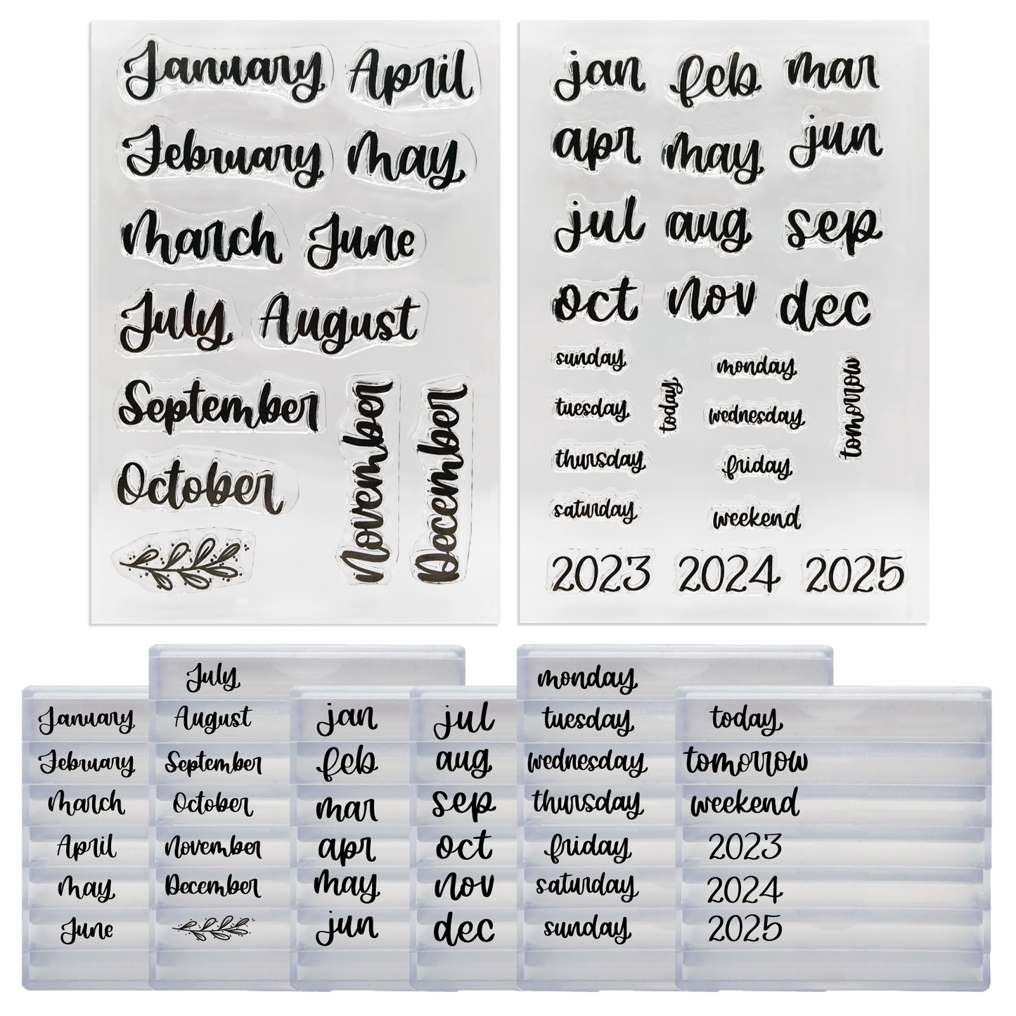 Rylee Autumn Bundle - Months of the Year, Abbreviated Months, Days of the Week Clear Calligraphy Stamps with Stackable Clear Blocks