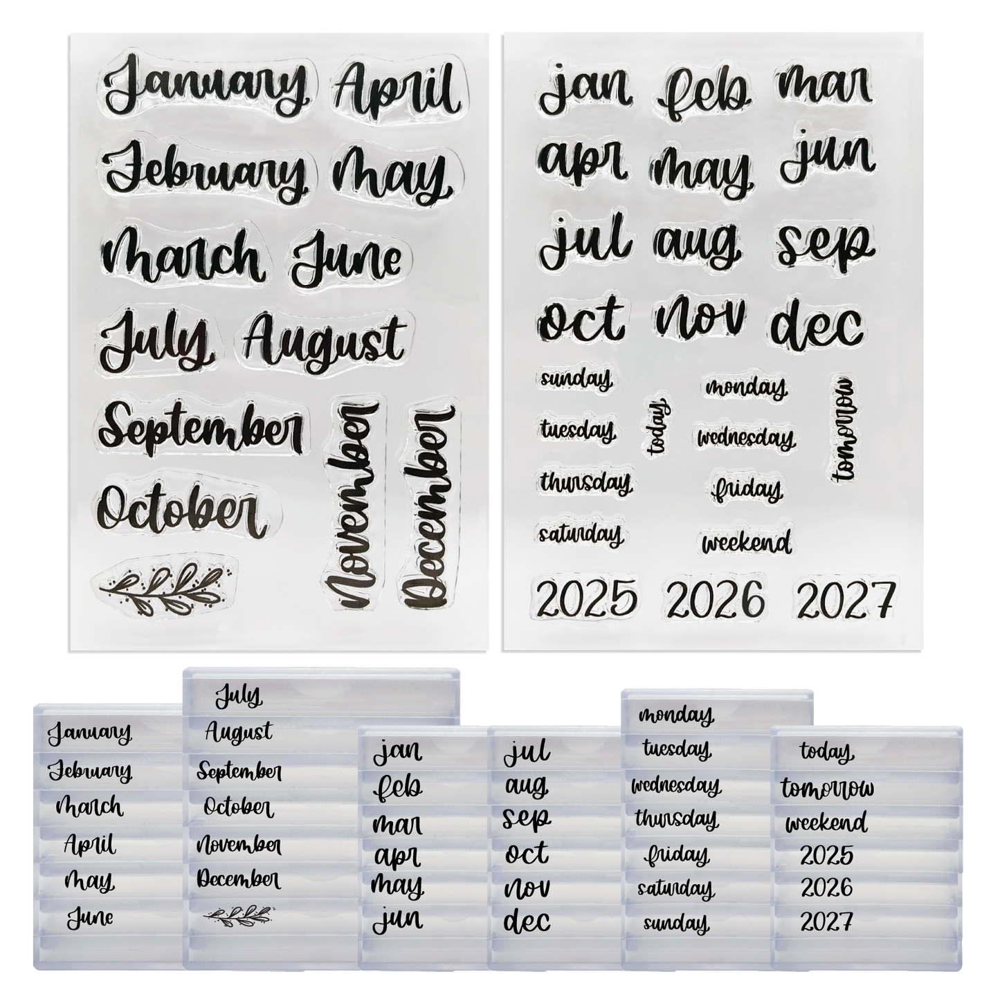 Rylee Autumn Bundle - Months of the Year, Abbreviated Months, Days of the Week Clear Calligraphy Stamps with Stackable Clear Blocks