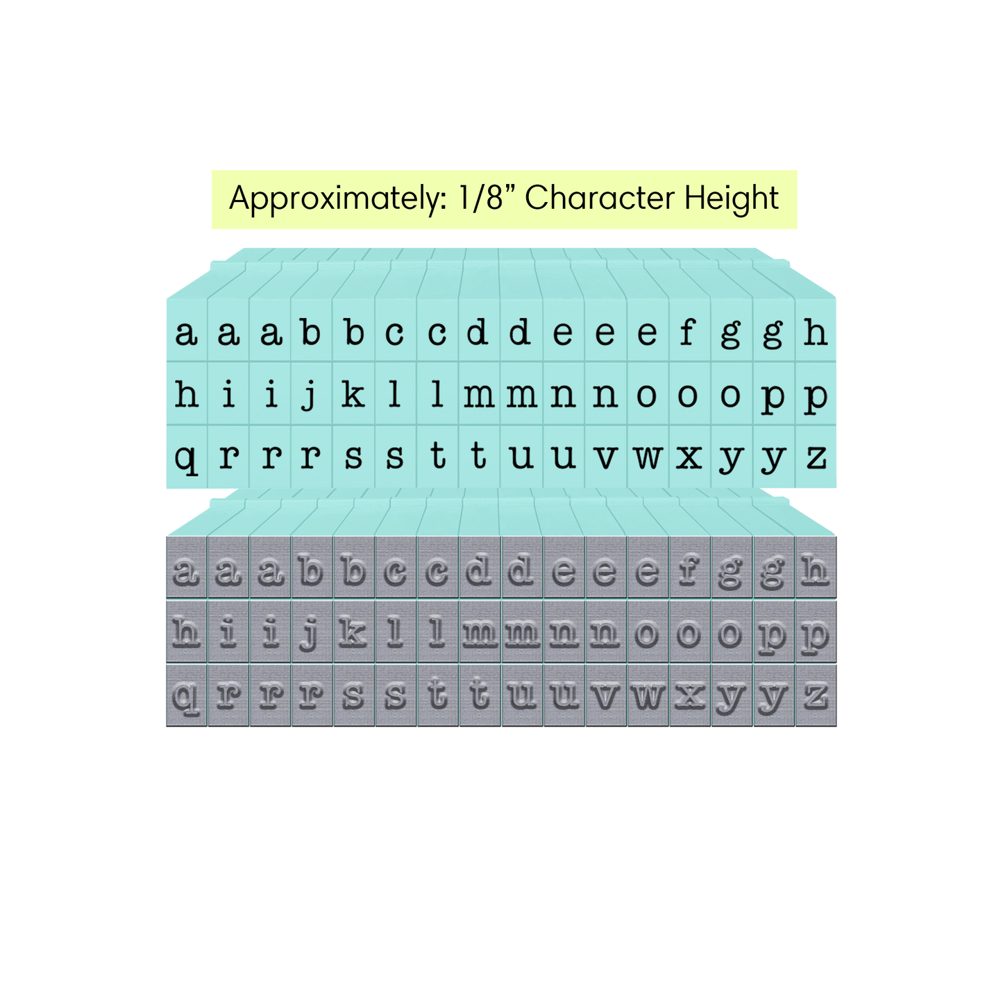 Pegz® Tiny Size 1/8" Character Height 48-Piece American Typewriter Lowercase Alphabet Connectable Stamps Set