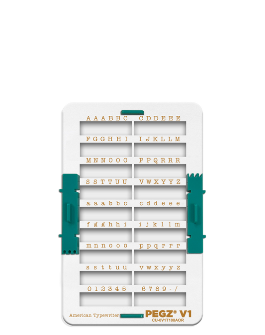PEGZ V1 Organizer for 108 Piece American Typewriter Tiny Size Font: (PEGZ V1 Stamps not included). Slots hold 48 Uppercase, 48 Lowercase & 12 Numbers & Symbols