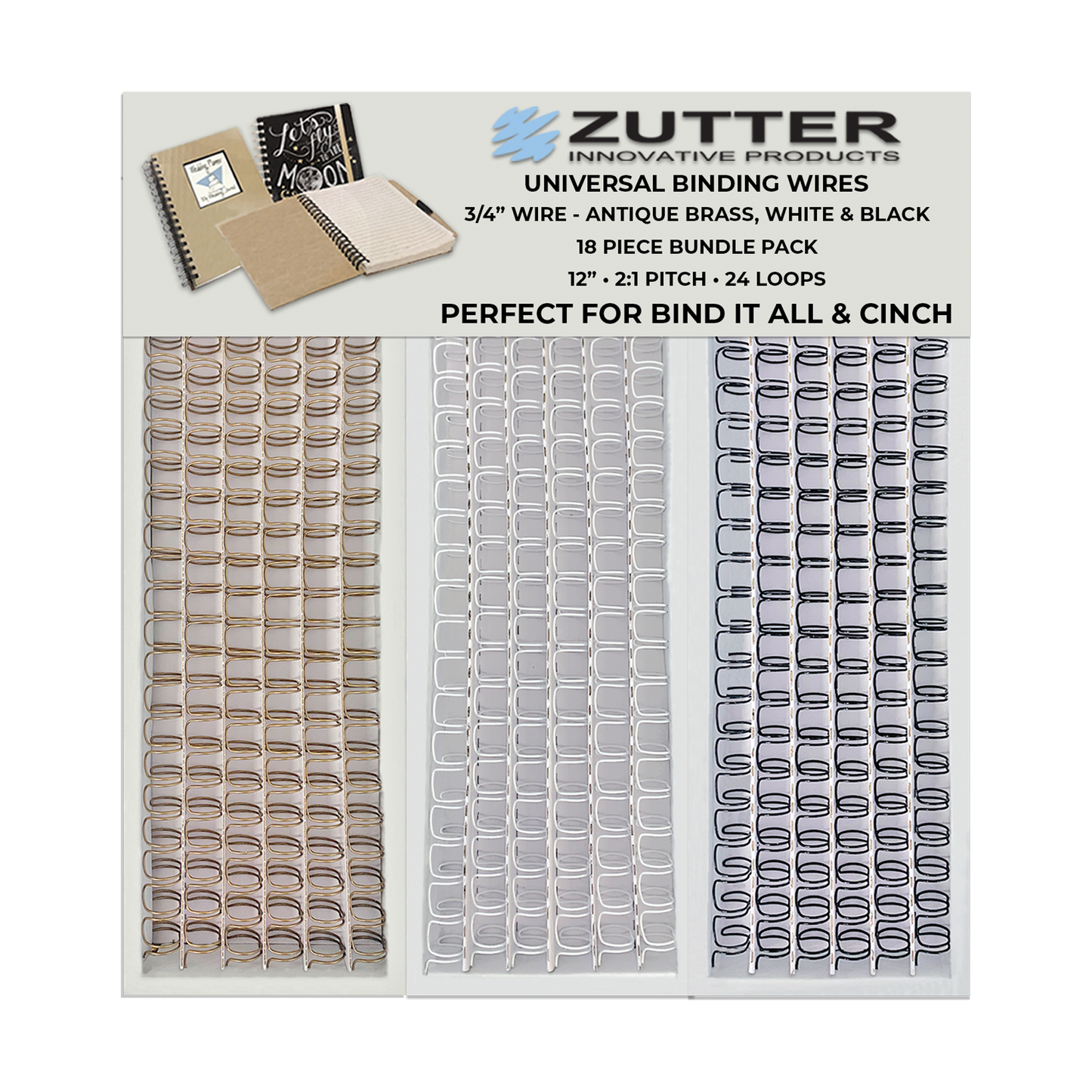 Zutter Variety Pack Owire 12" inch length with 24 loops, Includes 6 Antique Brass, 6 White and 6 Black (5 sizes available)